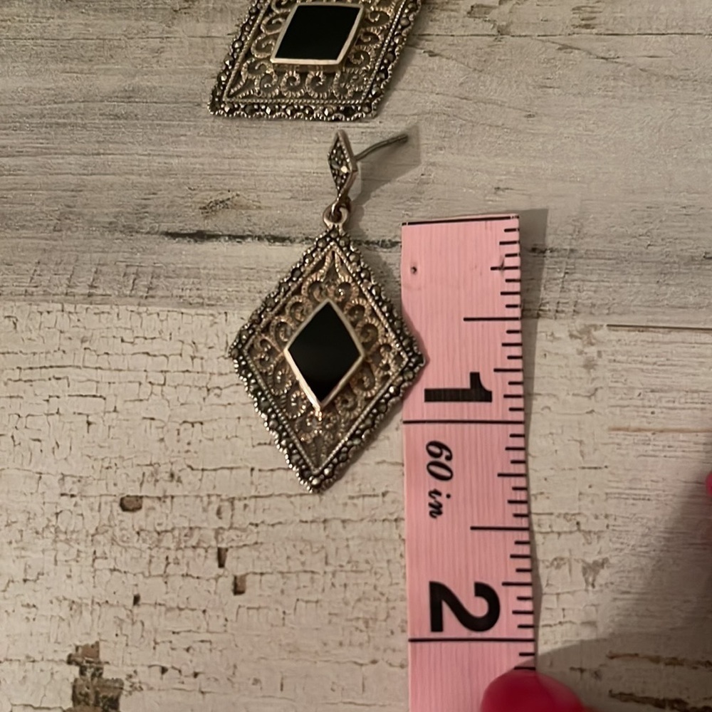 Vintage Sterling Silver Marcasite Black Onyx Filigree Dangle Earrings - Picture 6 of 6